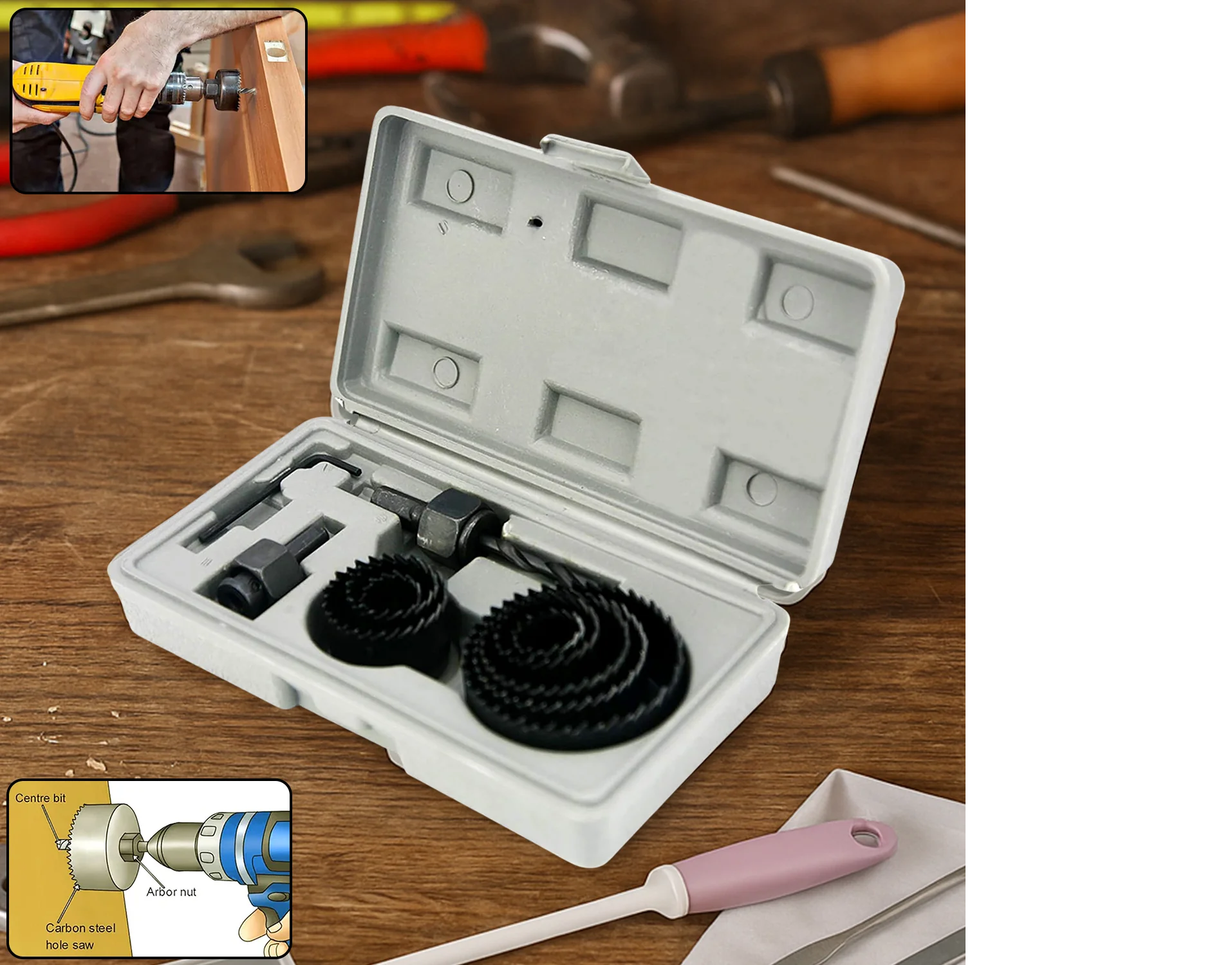 Wood Hole Saw Cutting Set (11 pcs, 19-64mm, Multicolour)