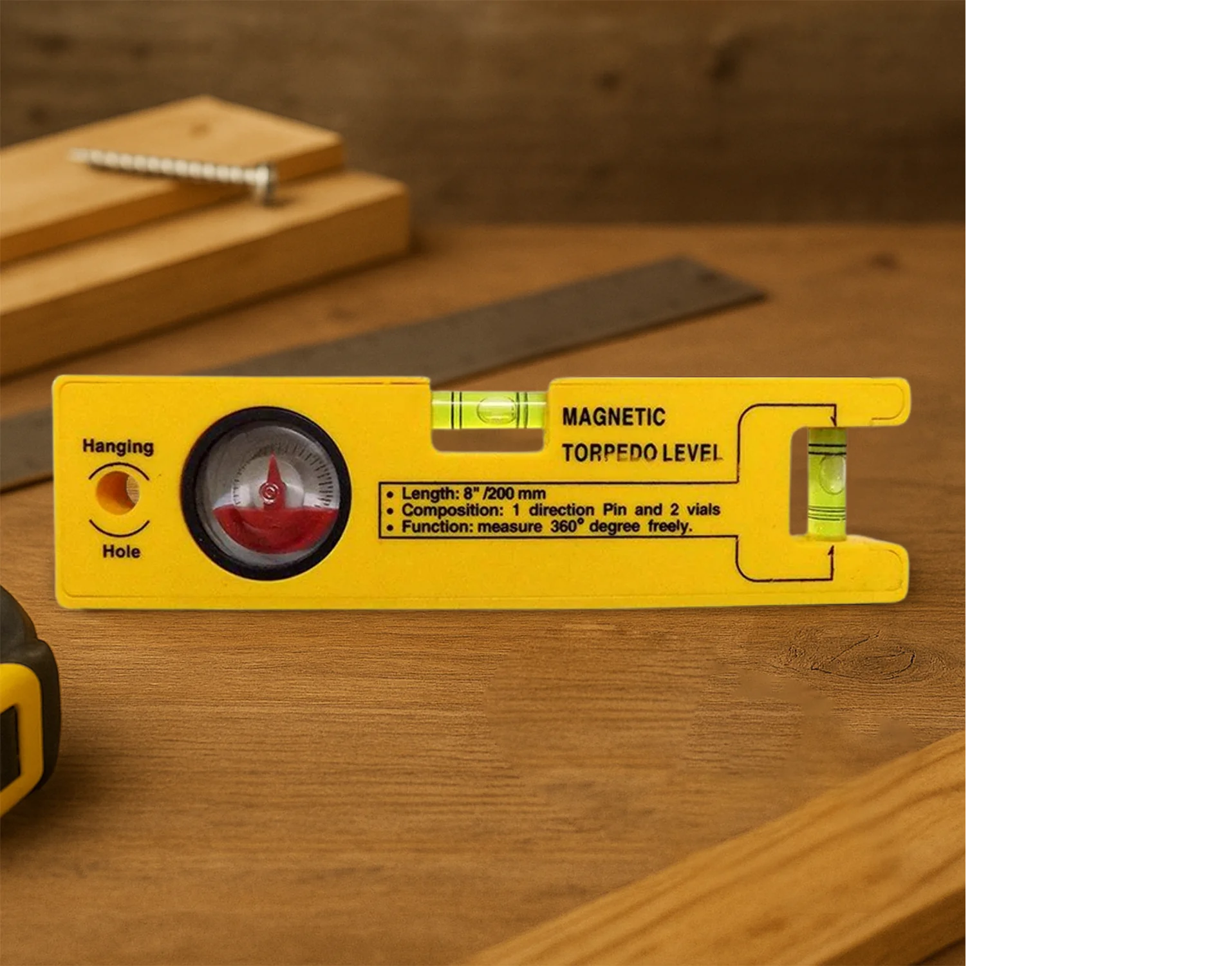 8-inch Magnetic Torpedo Level with 1 Direction Pin, 2 Vials and 360 Degree View