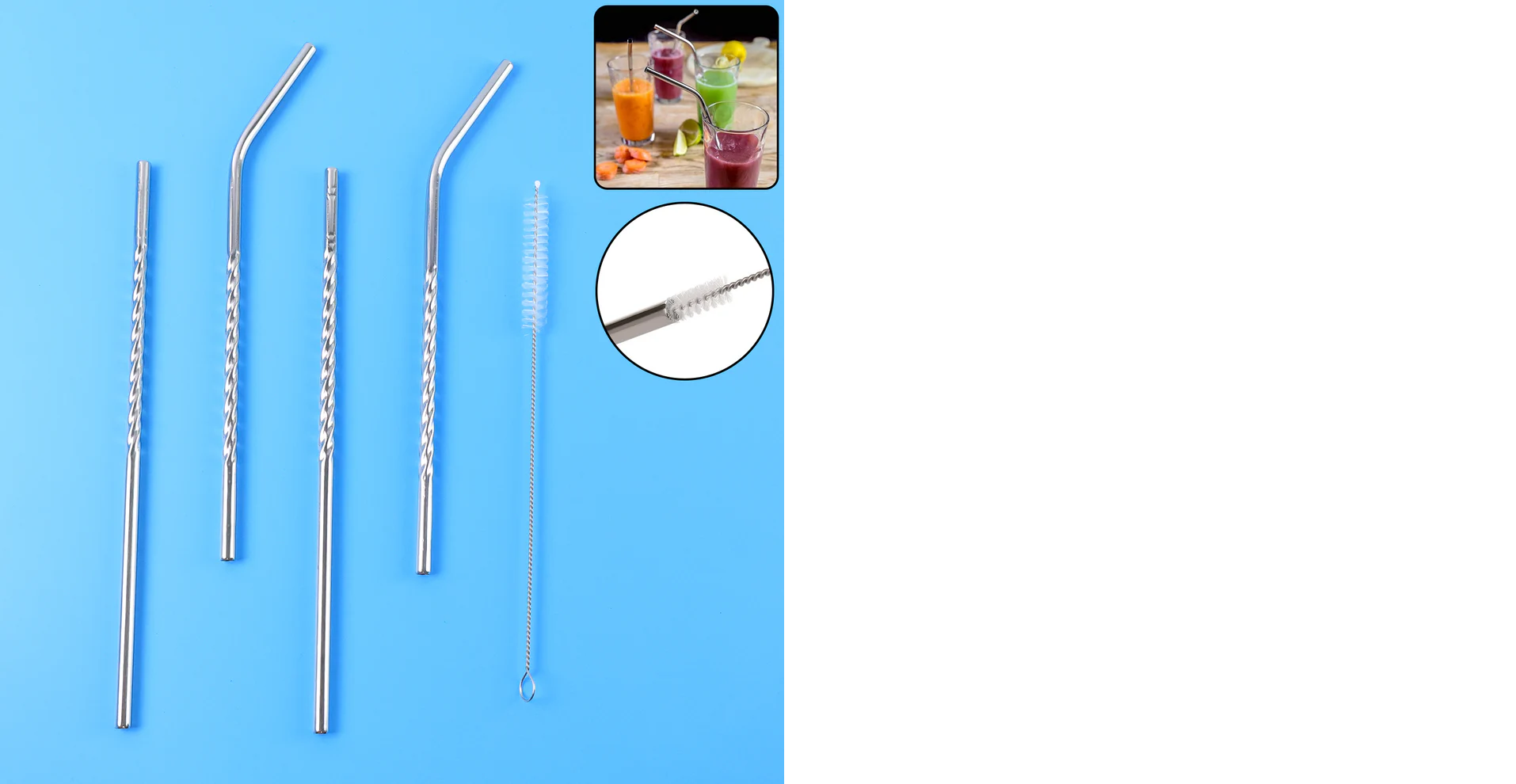 Set of 4 Stainless Steel Straws & Brush (2 Straight straws, 2 Bent straws, 1 Brush)