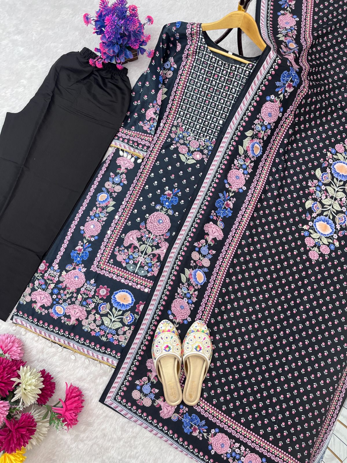 DESIGNER WEAR TRENDING TOP WITH PRINTED WORK AND REAL MIRROR WORK WITH PENT AND DUPATTA SET