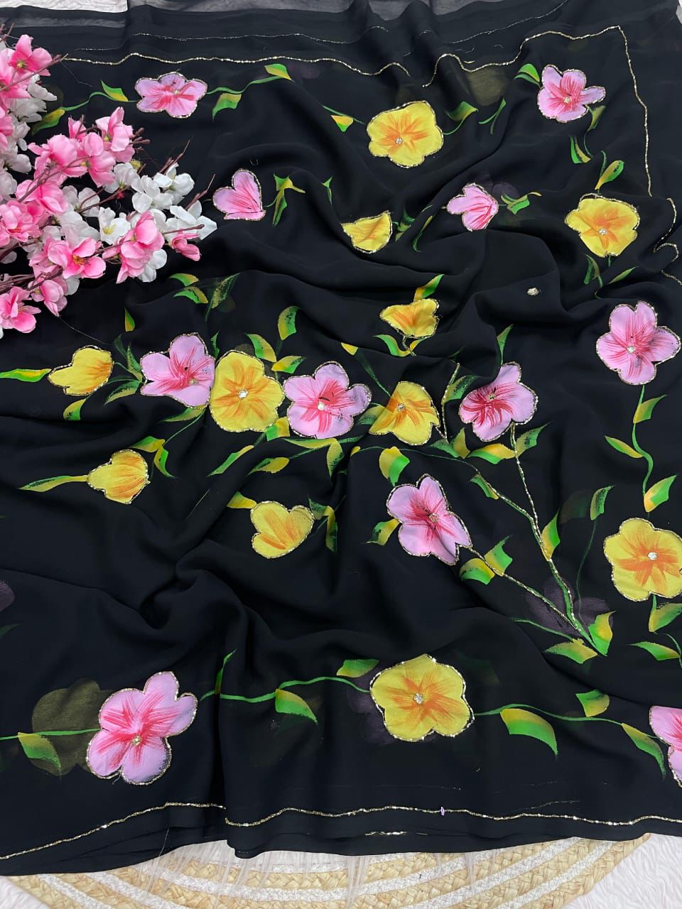 Beautiful  brush print in whole saree with cut dena work