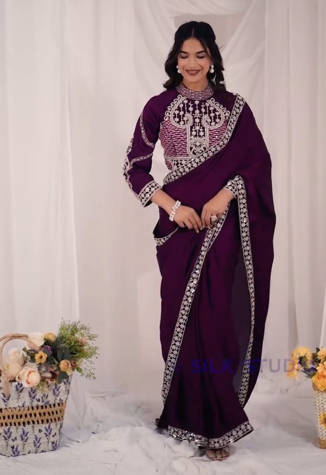 Embroidery Sequence work ready to wear saree 