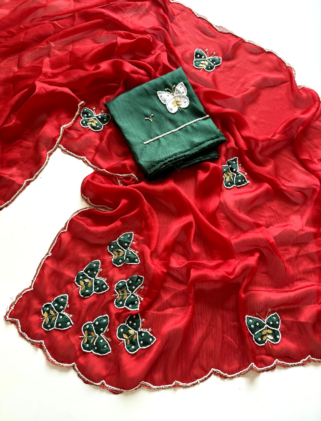  Soft pure satin chiffon handwork sarees