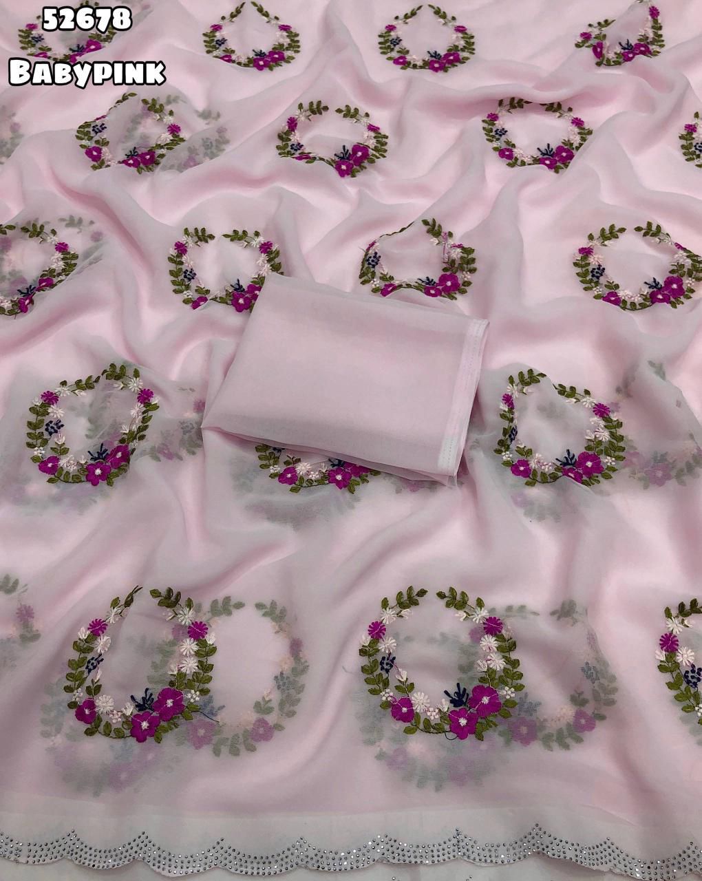 Launching new Faux Georgette floral design Embroidery work with siroski work scalloped cutwork border 