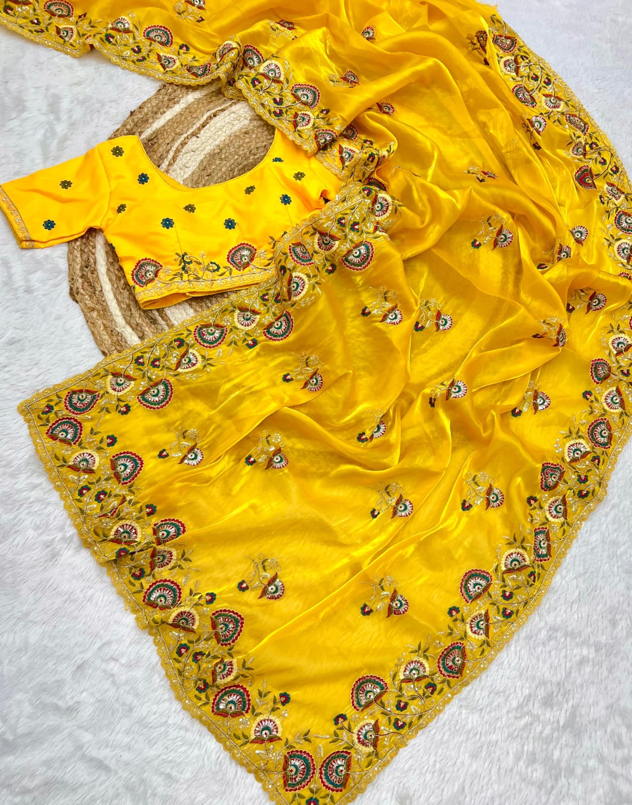  Pure Soft Jimmy choo  Saree with heavy Multi Treads & sequence Work embroidery all over the Saree