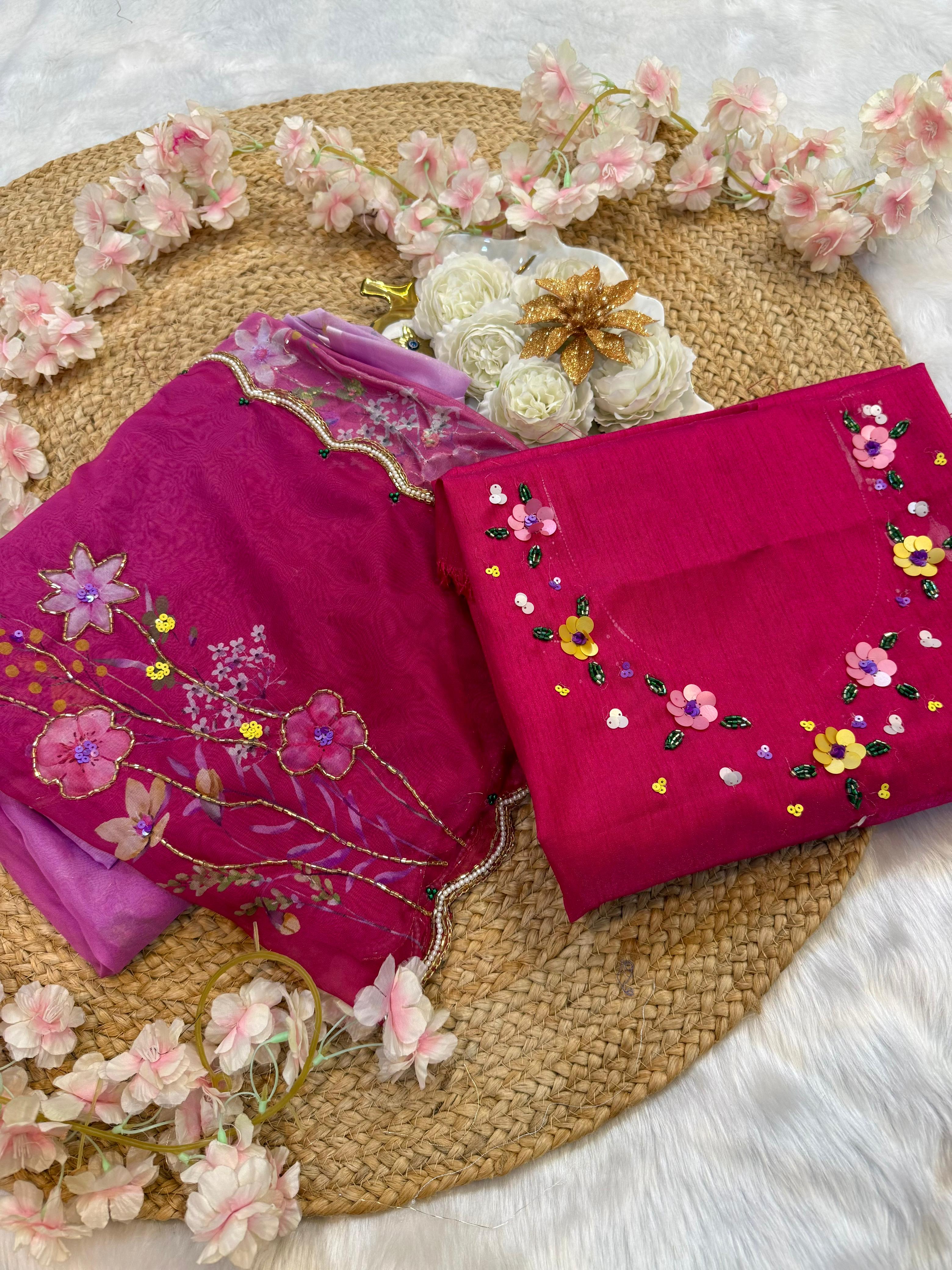 Pure soft tebby silk with beautiful flower print 2 tone & cutdena + seqnce handwork in all over saree