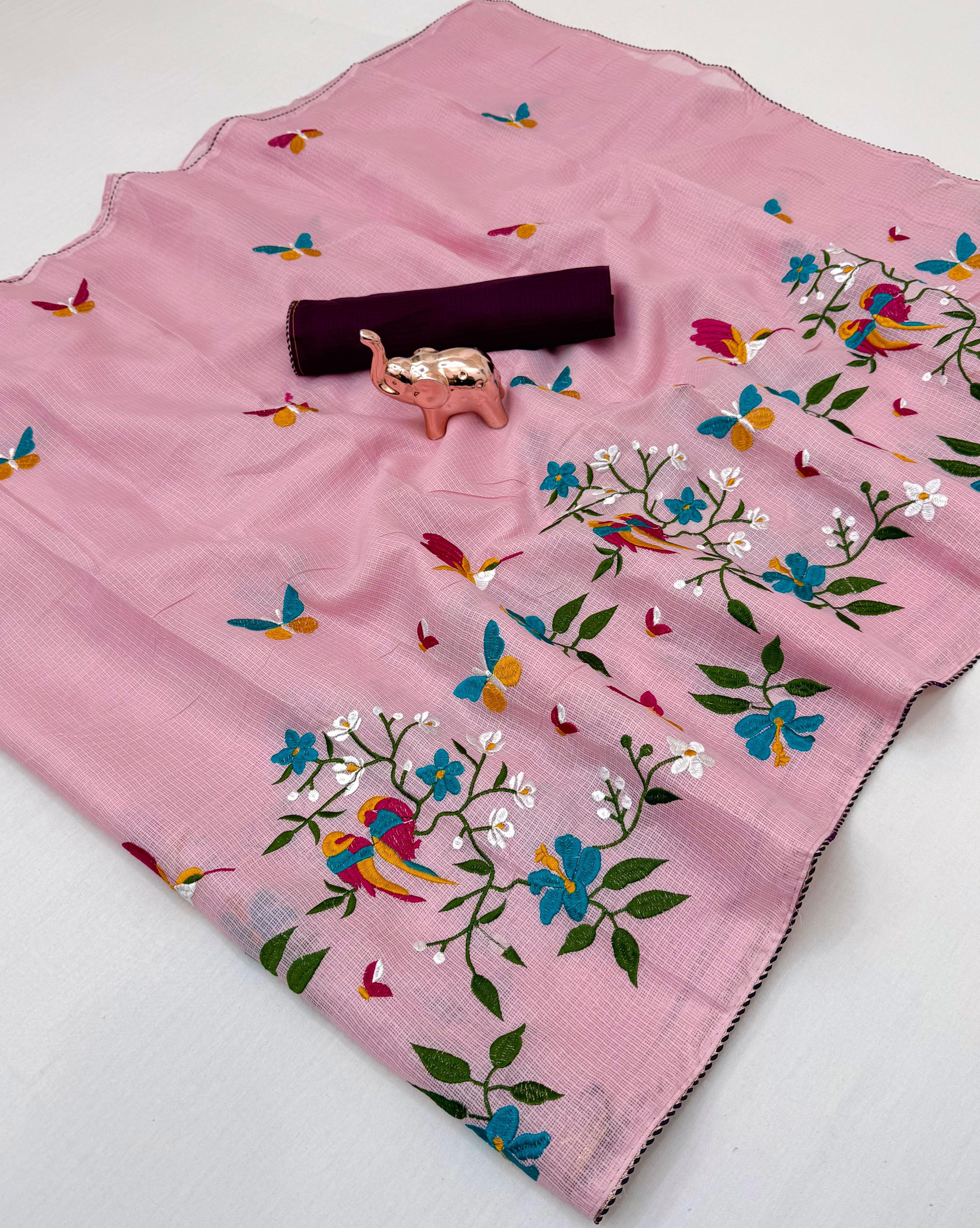 Premium kota with floral embroidery Work in full saree 