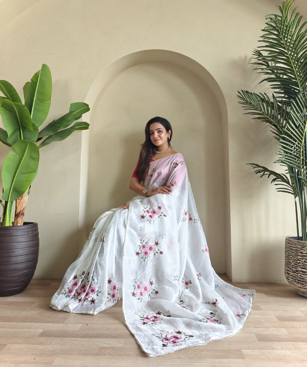 Pure crushed saree with beautiful flower embroidory done on sarees with hand work done all over saree