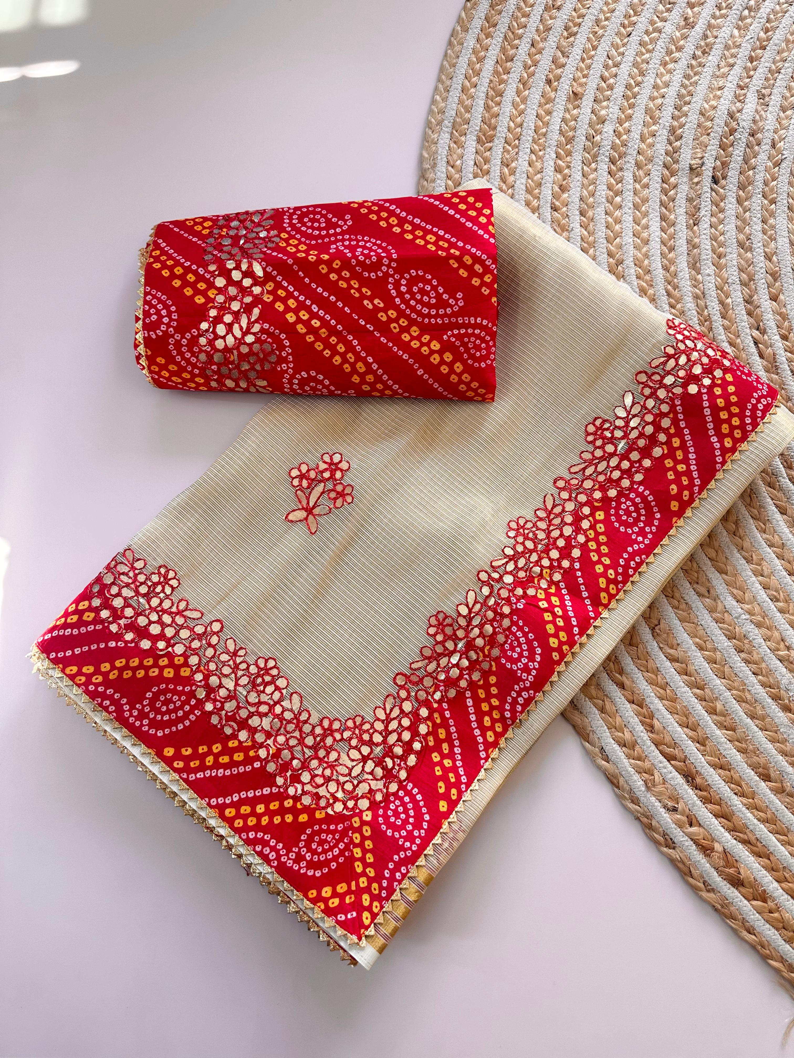 Superb Soft Kota doriya fabric with zari chex fabric with beautiful rajasthani gotapatti work in saree with bandhani print border