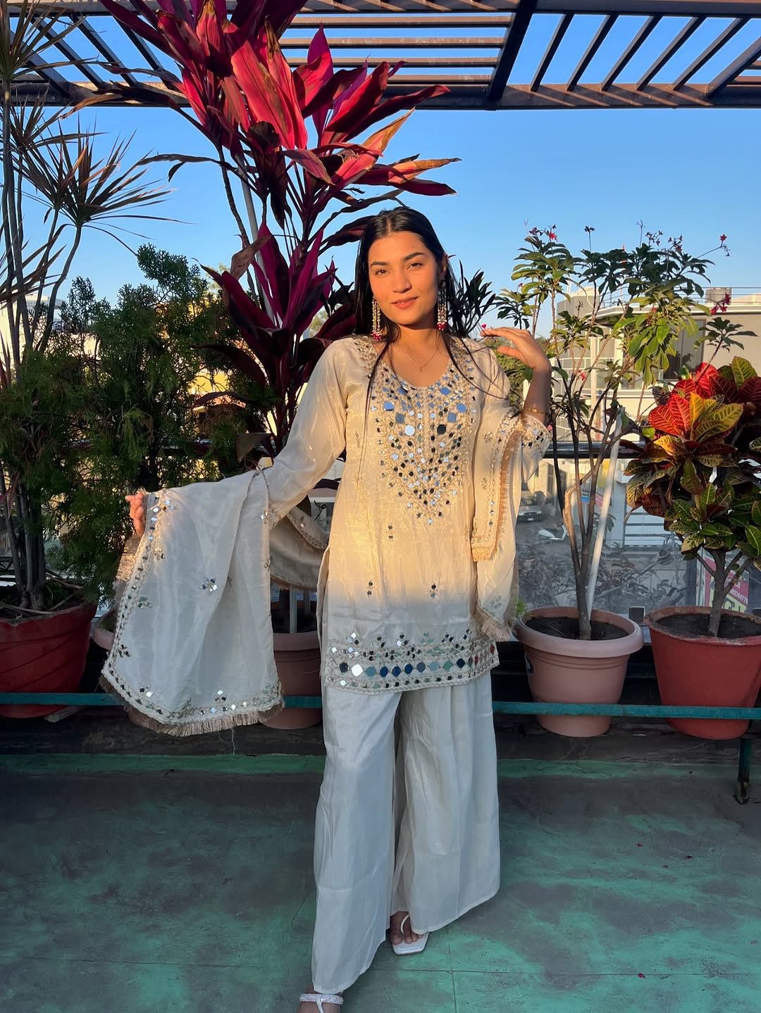 REAL MIRROR WITH EMBROIDERED TOP PLAZZO AND DUPATTA 