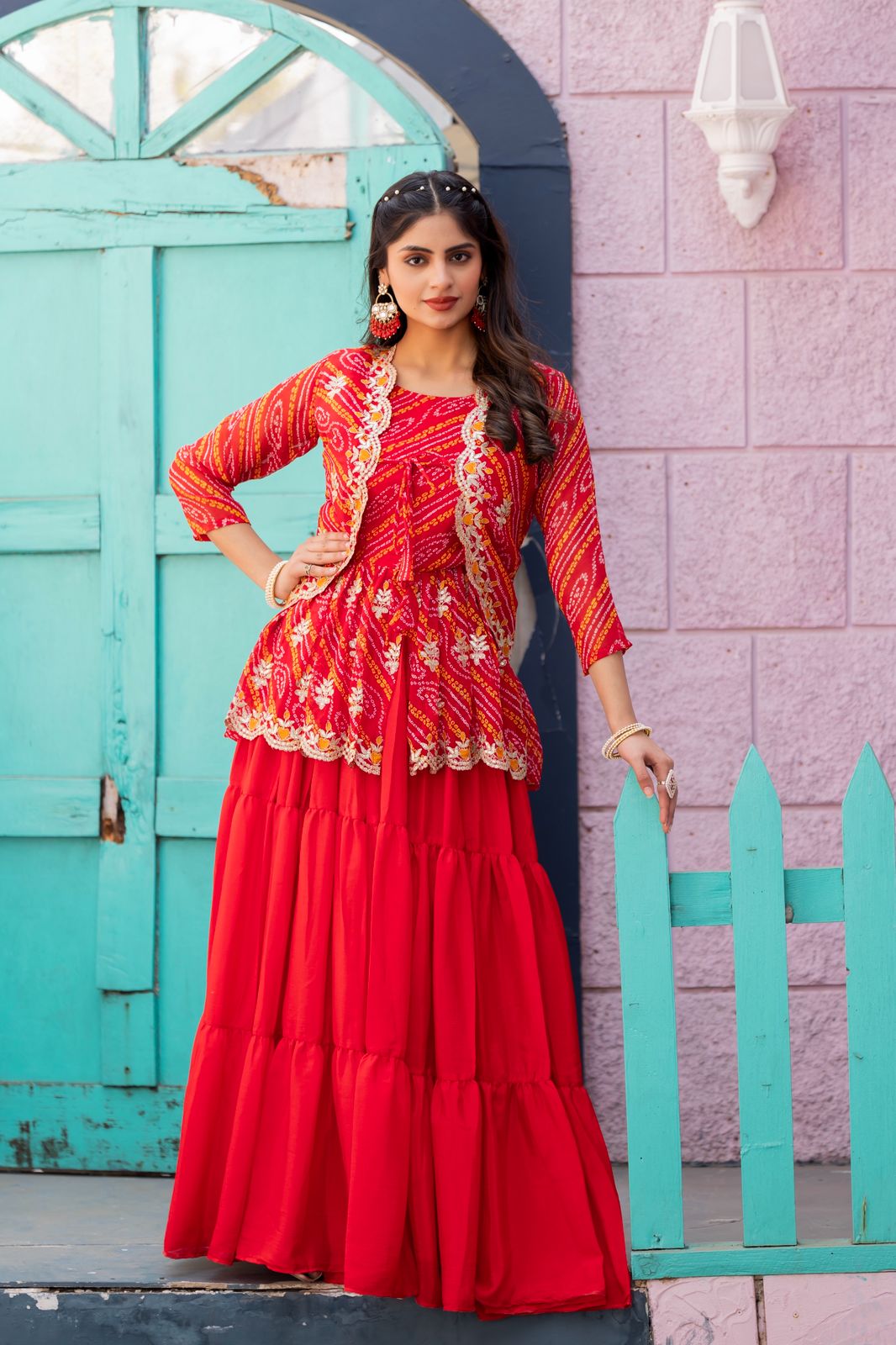   special Bandhej Lehenga crop top & jecket