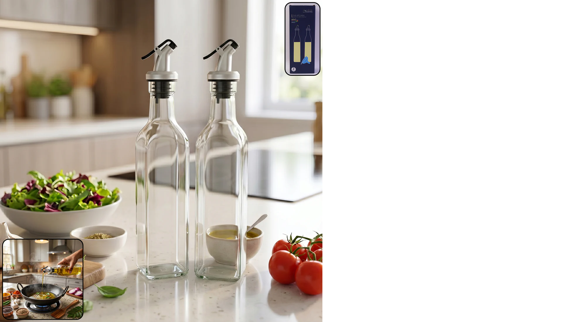 Glass oil dispenser bottle transparent leak proof olive oil vinegar (2 pc set)